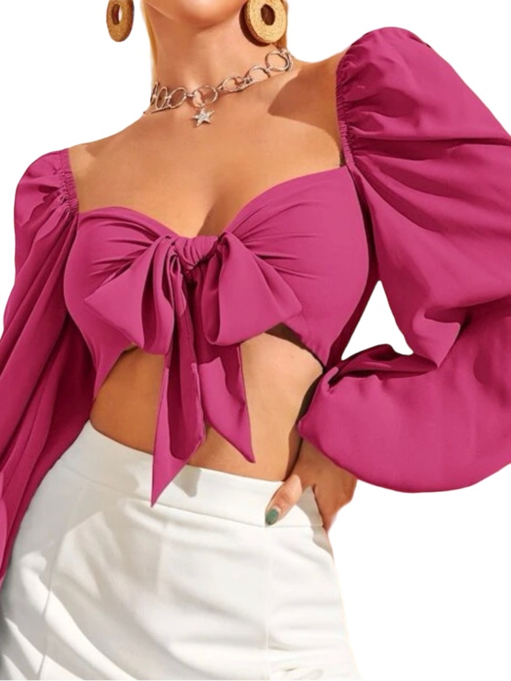 Tie-Front Puff Sleeve Crop Top - Fuchsia